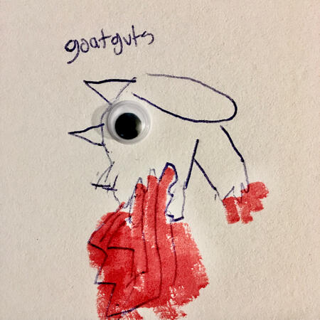 drawing of a goat's head vomiting blood. in place of the eye is a googly eye, and everything is poorly drawn